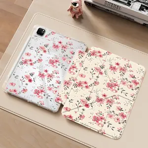Light Base Pink Floral Branch iPad Case with Transparent Acrylic Y-Fold Stand, All-Round Shockproof & Scratch-Resistant Protective Cover, Compatible with iPad 7.9/8.3/10.2/10.5/10.9/11/12.9/13 inch, Ideal Gift for Soft & Romantic Aesthetic Fans, Girls