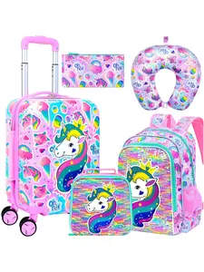 5Pcs Kids Cat Luggage Set, Pink Gradient Cat Rolling Suitcase with Spinner Wheels, Includes Backpack, Lunch Bag, Neck Pillow & Pencil Case, Hard Shell Travel Luggage for Girls, Perfect for Trips & Gifts