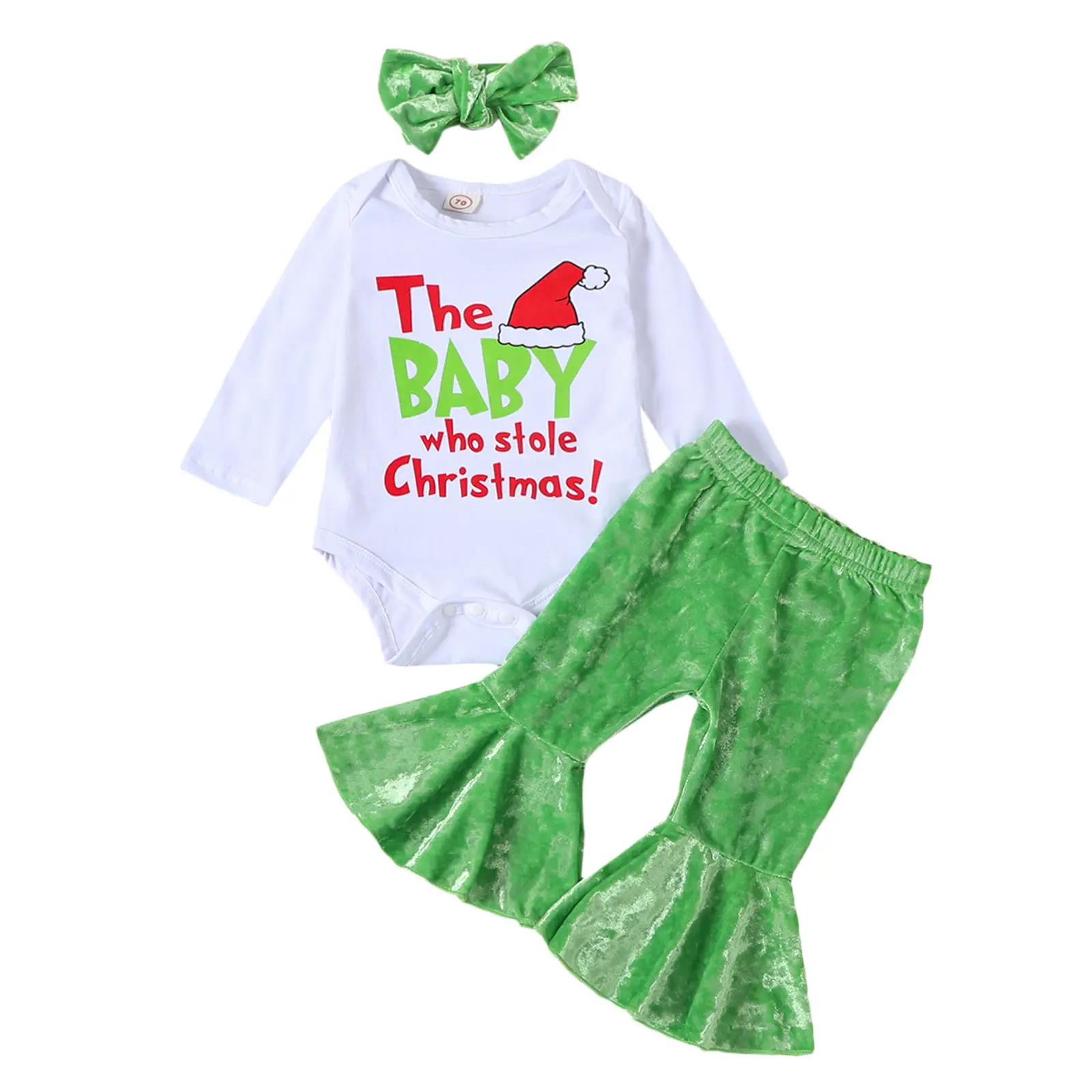 My First Christmas Baby Girl Outfit Newborn The Baby Who Stole Christmas Romper Green Flared Pants Xmas Hat 3pcs Set