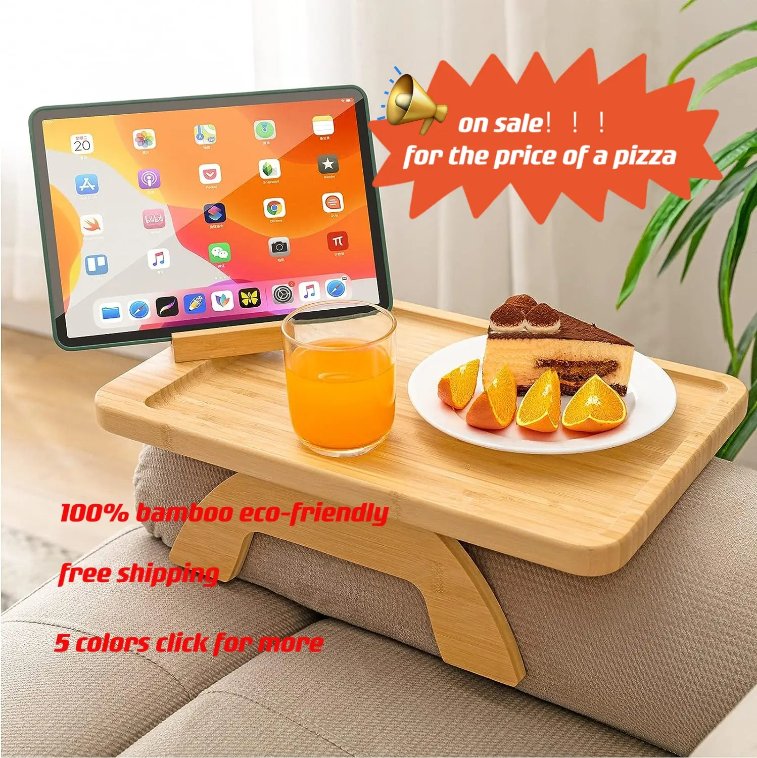 【On sale】Bamboo Sofa Arm Tray Table with Rotating Mobile Holder, Rectangular Couch Armrest Tray, Clip on Sofa Tray Table for Wide Couches, Foldable Co