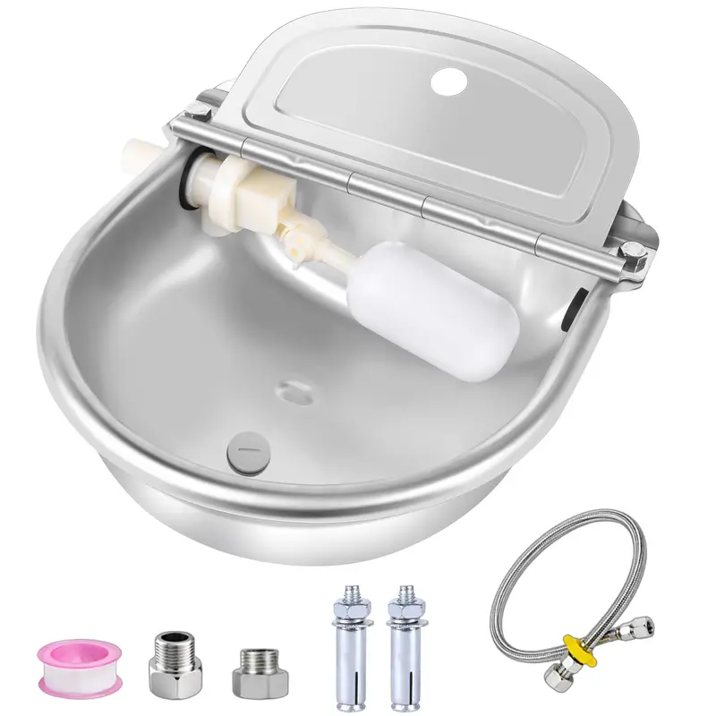 Automatic Animal Drinking Water Bowl, Stainless Steel Float Valve Waterer with Hose & Drain Plug for Goats, Sheep, Dogs, Chickens and Ducks