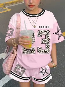 Teen Girls & Cotton Set, Colorblock Casual Sporty Short Sleeve T-Shirt & Shorts, Summer Outdoor Vacation Cycling School