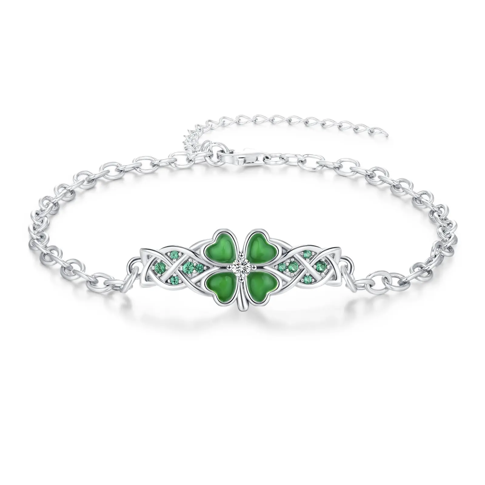 Thanches Four Leaf Clover Ankle Bracelet 925 Sterling Silver Dainty Irish Jewelry for Women Mom Celtic Shamrock Lucky Charm Mother's Day Gift Elegance Green Daily Decor Accessory
