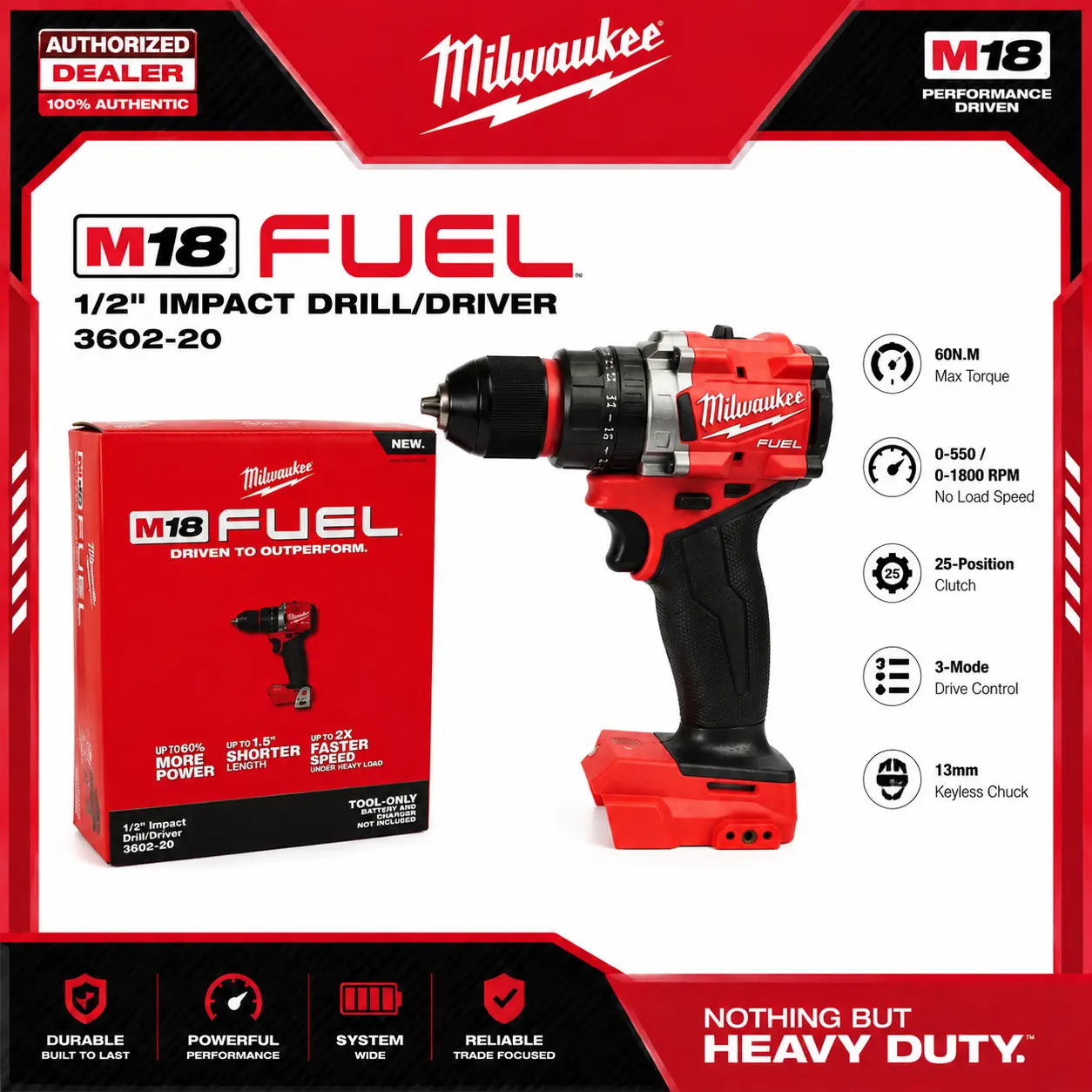 Milwaukee M18 FUEL 3602-20 Brushless Impact Drill Driver 18V Cordless 13mm Chuck 60Nm Torque 3-Mode Control Tool Only portable