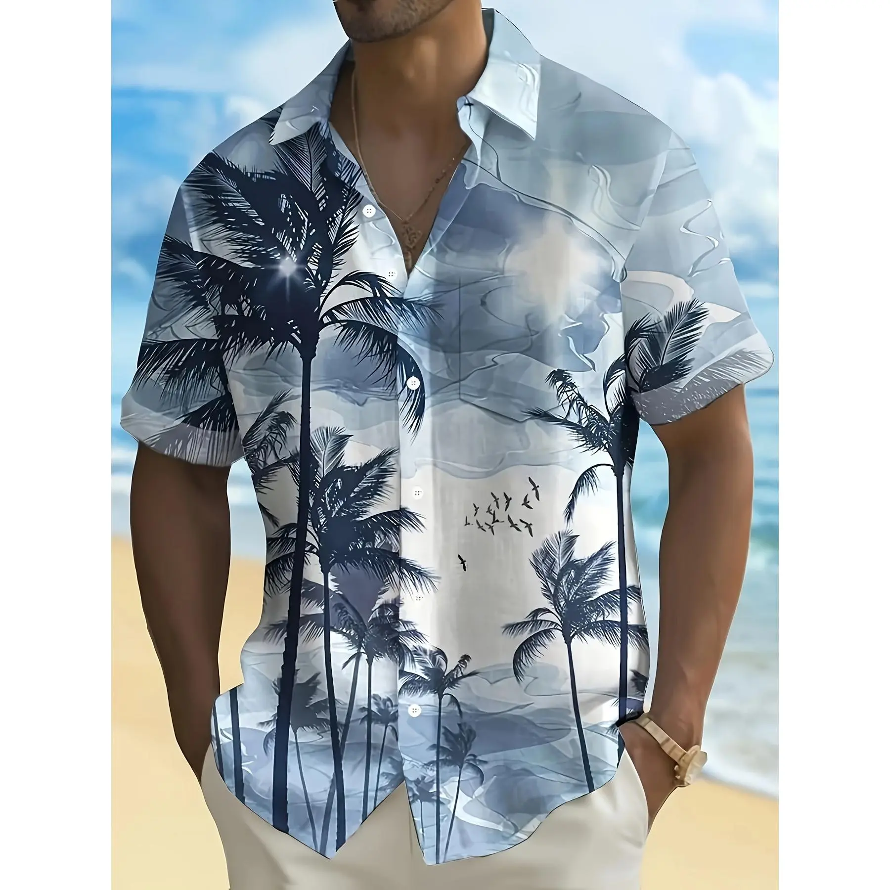 Men's Cy0001 Tropical Short-Sleeve Lapel Button-Down Shirt, Coconut Tree Print Casual Top for Summer Daily Wear, Resorts