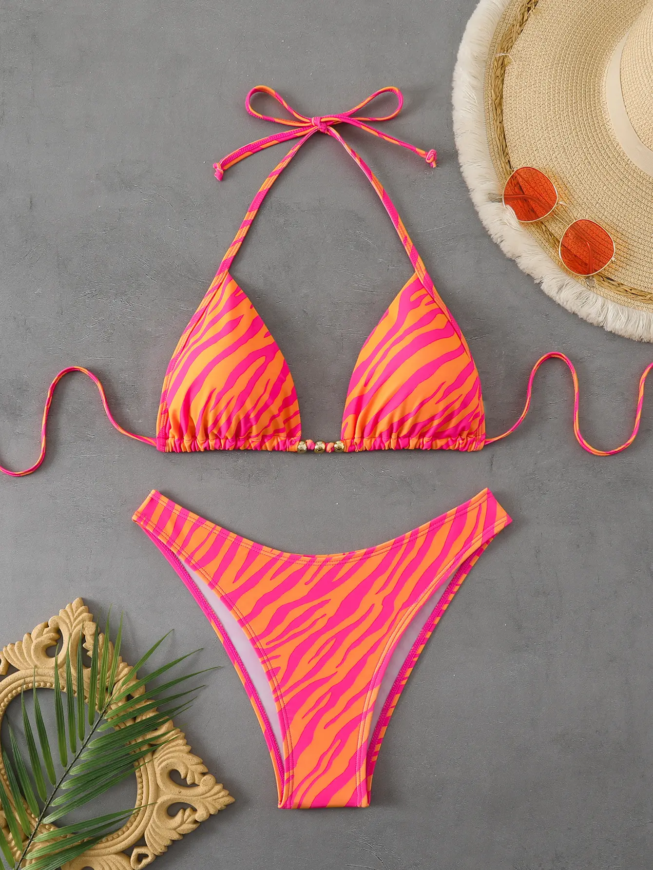 Women's 2 Piece Swimsuit, Tiger Stripe Halter Bikini with Gold Beads, Stretch Fabric High Cut Bottom for Beach Parties, Two Piece Swimsuit, Halter Bikini Sets