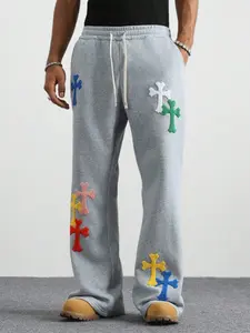 Men's Drawstring Waist Cross Graphic Pocket Wide Leg Casual Sweatpants Y2k Style Gray Sweatpants with Multi-Color Cross Patches Menswear Overall