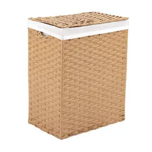 Handwoven Lidded Laundry Hamper, Tan