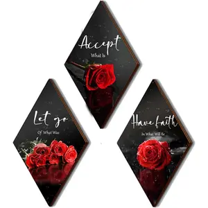3 count Red Rose Bathroom Wall Decor Flower Red Decor Inspirational Wooden Wall Art Office Wall Decor with Accept Let Go Have Faith Sign for Girl Women Bathroom Living Room Bedroom(12 x 7 Inch)