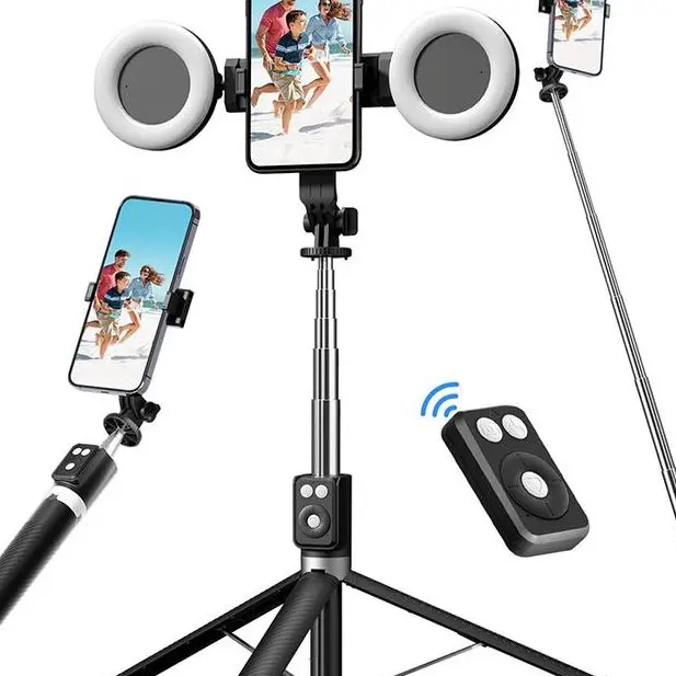 6-in-1 Selfie Tripod with Dual Fill Lights & Wireless Remote Portable Adjustable Phone Stand Detachable 360° Compact Travel Tripod for Live Broadcasts & Outdoor Adventures Android Bluetooth Expandable Smartphone Cellphone Stick Cable Steel