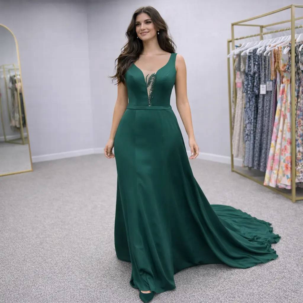 Lalah Emerald Green Evening Gown with Illusion Beaded V-Neck & Back Detail - TikTok Shop Lalah Emerald Green Evening Gown with Illusion Beaded V-Neck & Back Detail - TikTok Shop