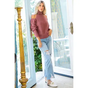 Mauve Cold Shoulder Turtle Neck Sweater