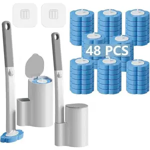 Disposable Toilet Brush and Holder Set (2-Pack) - 15.7in Extended-Length ABS Plastic Handle, 48 Refills, Ocean Fresh Scent Blue Cleaner, Wall-Mountable, Water-Resistant, for Bathroom Toilet Bowl & Bathtub Cleaning