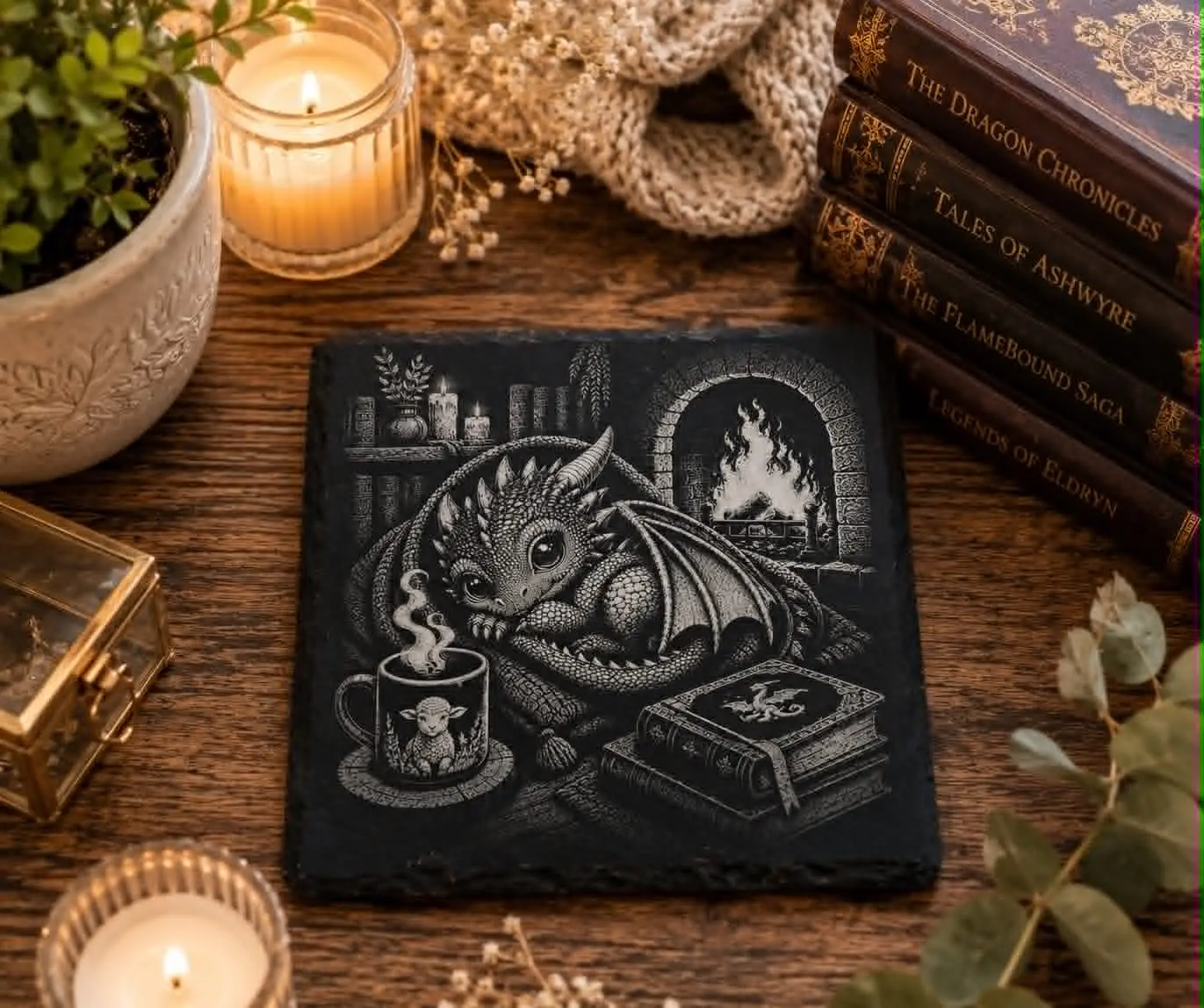 Cozy Baby Dragon Slate Coaster | Fantasy Book Lover Gift | Dragon Bookish Decor | BookTok Gift | Reading Nook Coaster | Cottagecore Fantasy