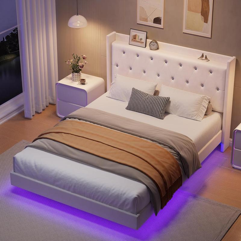 Upholstered Bed Frame with LED Lights & Storage Headboard, Floating Look, No Box Spring Needed