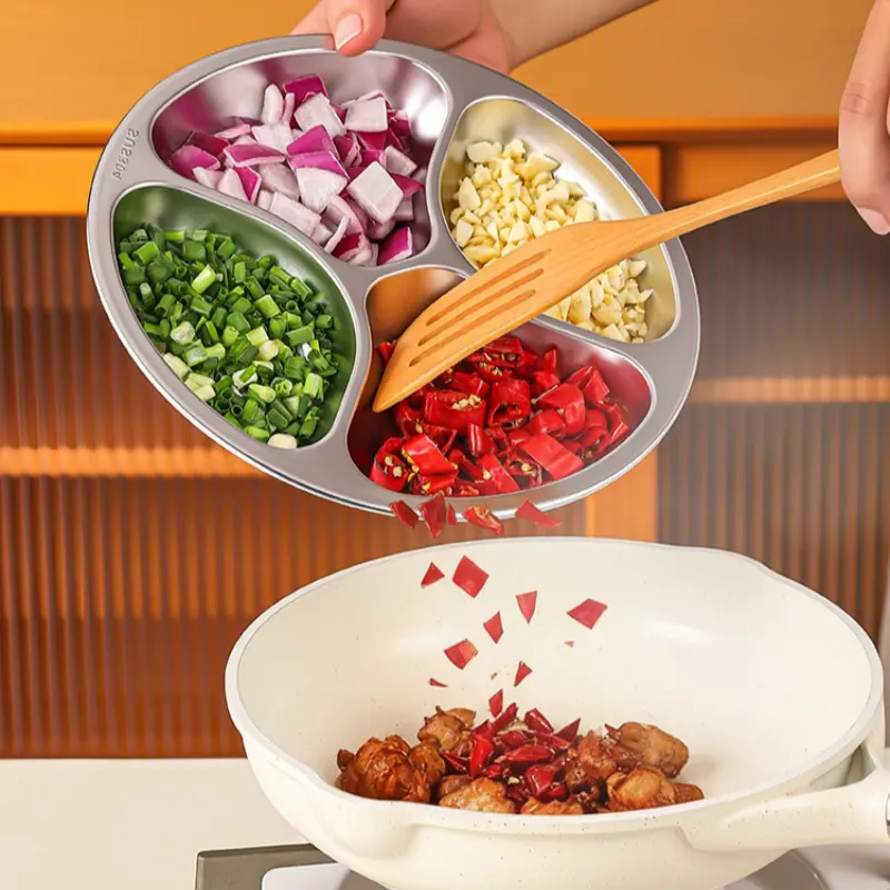 【Back to School】4 Compartment Stainless Steel Divided Plate, Portable Round Food Prep Tray, Reusable Separate Serving Plate for Kitchen Cooking, Camping, Picnic and Meal Prep-MM1,sohochic