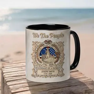 Patriot Descendant Mug 2D Printed 3D Effect Custom Name Ceramic Coffee Cup With We The People Ancestry Crest Liberty Bell For Americans 250 Years Of Freedom Heritage Gift Keepsake