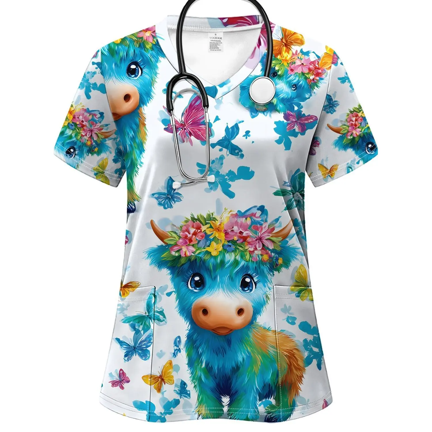 Women's Scrub Top, V-Neck Short-Sleeve Workwear Uniform with Blue Highland Cow & Floral Print, Cute Vibrant Style for Nurses, Doctors, Bakers, Beauticians, Spa Staff & Hairdressers, Sizes 0XL–9XL