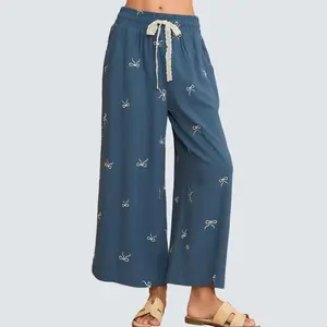 Umgee Full Size Lace Drawstring Embroidered Bow Wide Leg Pants Plus Size, Basic  Elegance Flowy Womenswear Bottom