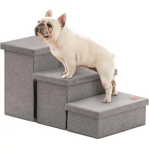 Foldable 3 Steps Dog Stairs for High Bed 18" H, Pet Stairs for Small Medium or Large Dogs Puppy with Storage for Bed or Couch, Cat Dog Steps Ramp with Zip up to 200 lbs, Solid Grey