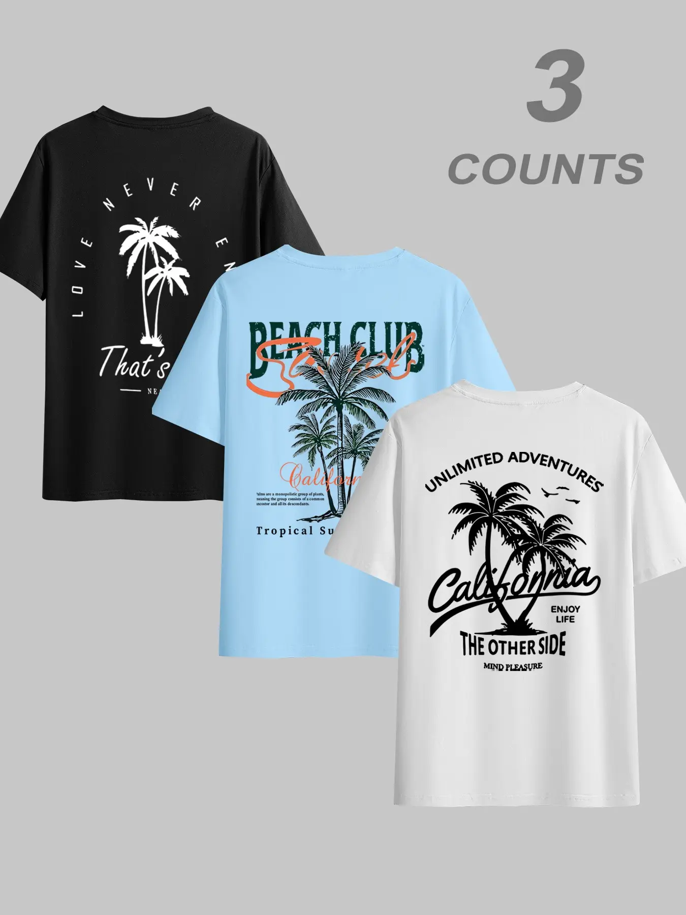 Men's Versatile Tropical Coconut Tree Graphic Print T-Shirt 3-Pack, Casual Trendy Tee, Summer Round Neck Short Sleeve Casual Comfort Top, Outdoor Wear Set, Casual Fashion Tee, Fashion T Shirts, Menswear