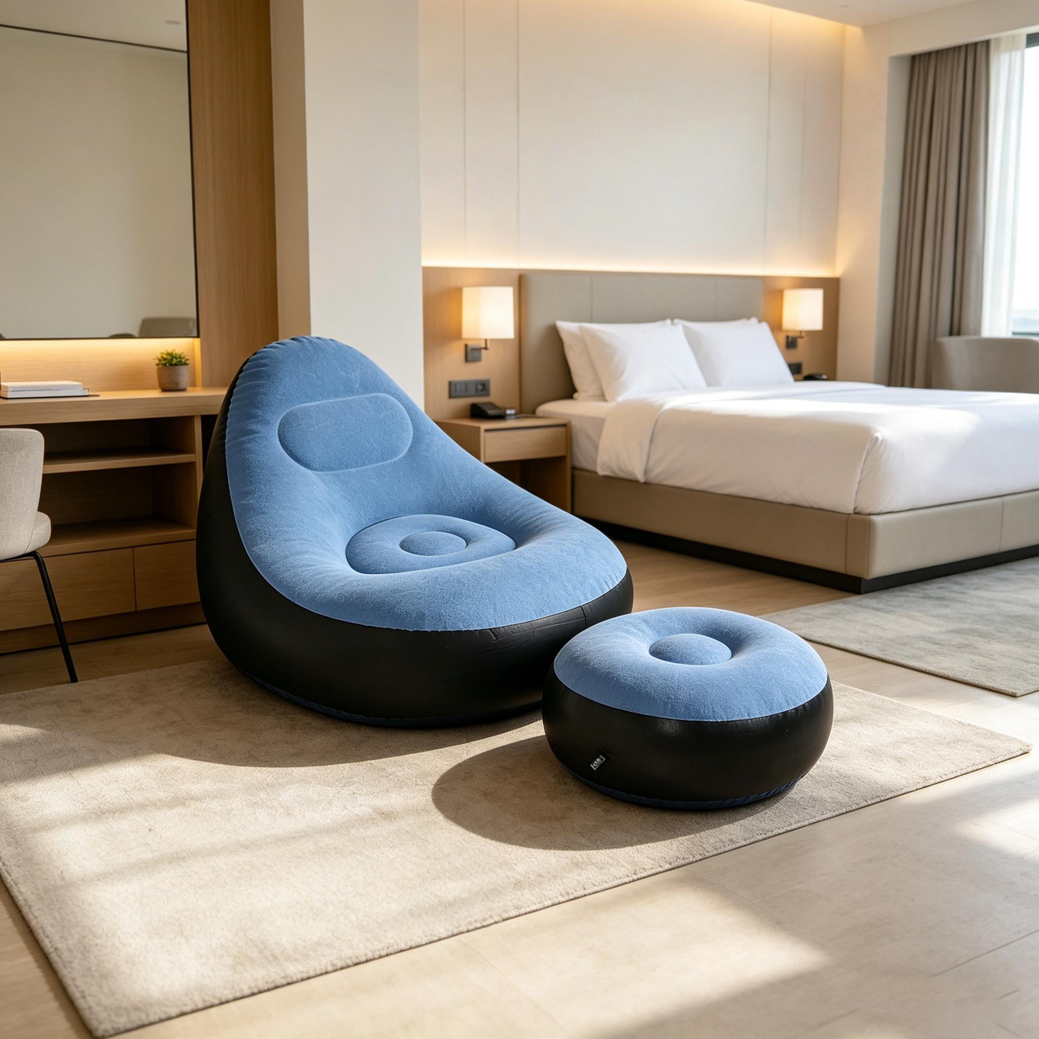 1pc Soft Flocked Inflatable Sofa with Footrest in Blue, Lightweight Foldable Single Recliner, Easy Storage Lounge Chair for Indoor Living Room Balcony Outdoor Camping Relax 1pc Soft Flocked Inflatable Sofa with Footrest in Blue, Lightweight Foldable Single Recliner, Easy Storage Lounge Chair for Indoor Living Room Balcony Outdoor Camping Relax