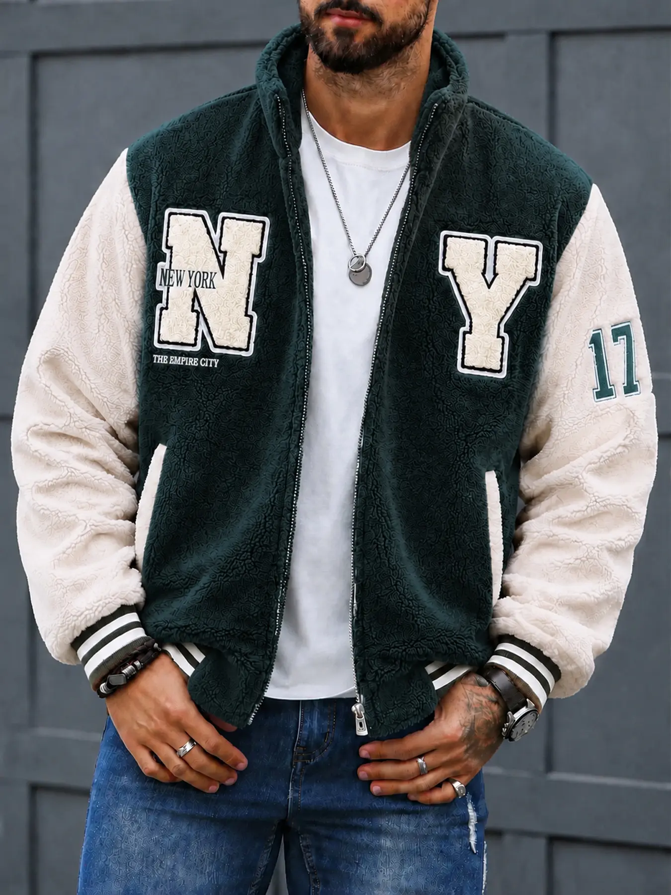 Men's shearling jacket, streetwear-style jacket, numerical logos on the sleeves, lettering patches, striped cuffs, a warm alternative to a bomber jacket