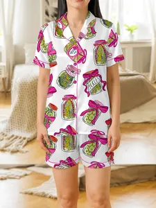 Women’s Pickle Lover Pink Bows Pajama Set, Christmas Sleepwear Gifts Nightwear Pajama Satin Long Pants, Noel Santa Gift For Her