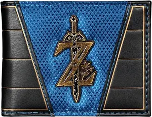 Men's Bifold Wallet with Gold Sword Emblem - Blue & Black Gamer Style Wallet with ID Window