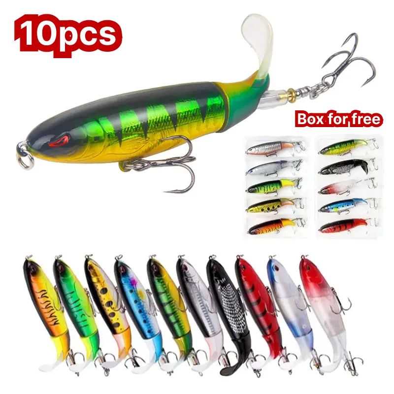Whopper plopper fishing lure(10pcs), Top Water Fishing Lures with Floating Rotating Tail Barb Treble Hooks, Simulation Fishing Lure with Hook, Plopping Lures Kit