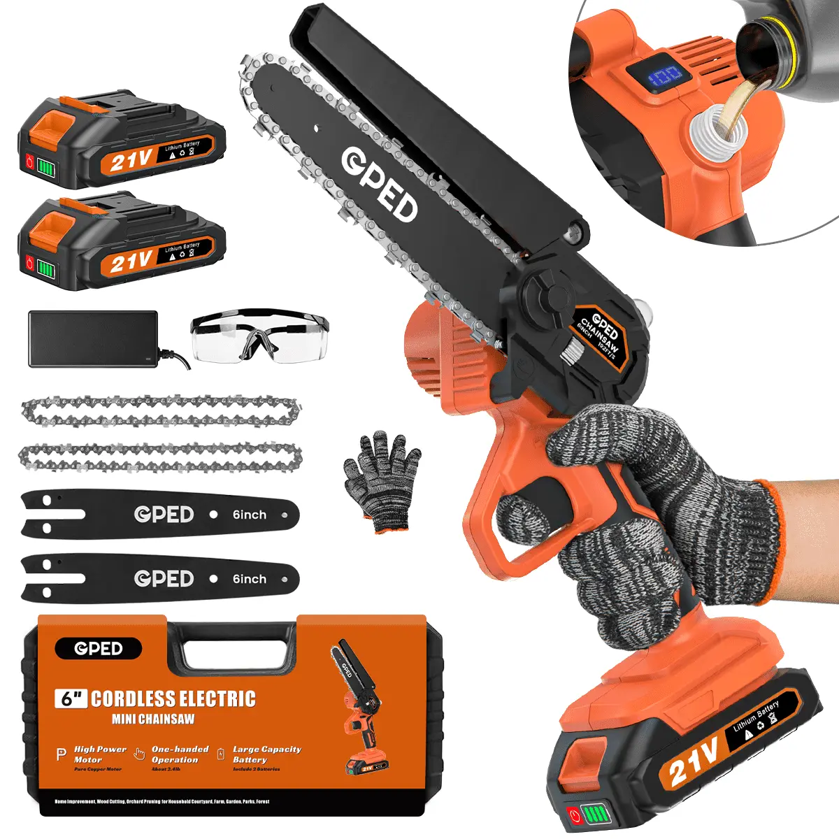 GPED Mini Chainsaw Cordless 6 inch with 2 Battery, Mini Power Chain Saw with Security Lock, Electric Chainsaw, Handheld Small Chainsaw for Tree Trimming Wood Cutting, Orange