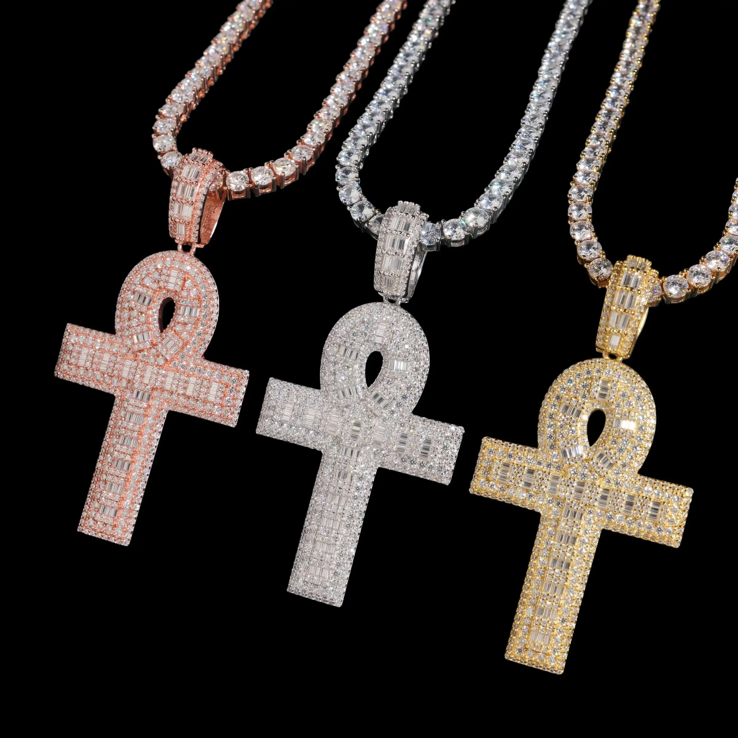 Round & Baguette Cut Ankh Pendant Lab Diamond – 14k Gold