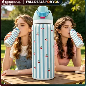[viva] 32oz cherry  Pattern Stainless Steel Insulated Cup - with flip cover insulation and leak proof travel cup, perfect for home, gift giving, office, beverage, suitable for adults and children as well as adults and children