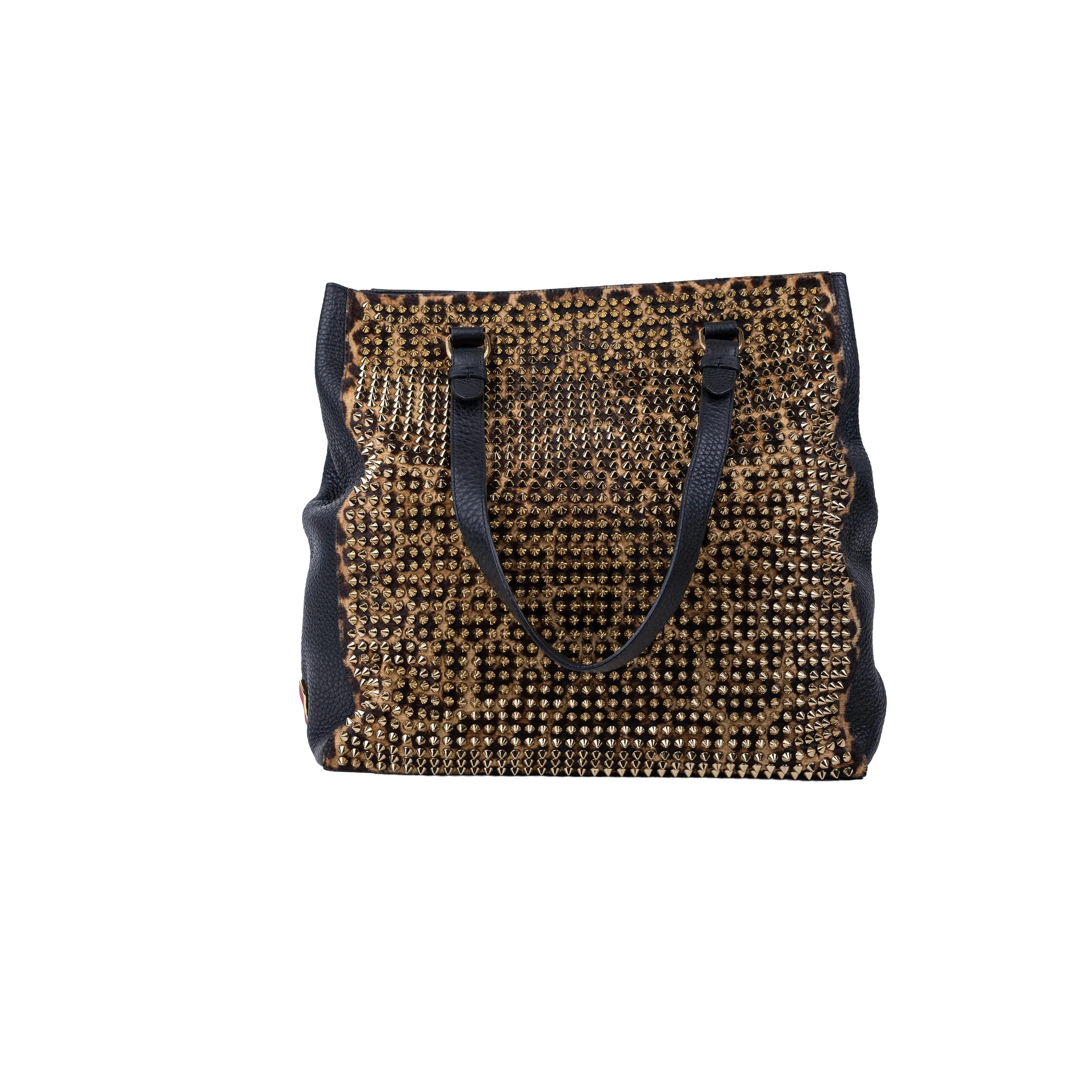 Pre-owned Calfskin Leather Tote Bags Christian Louboutin Brown Black Red Calfskin Spike Cabata Tote Gold Hardware