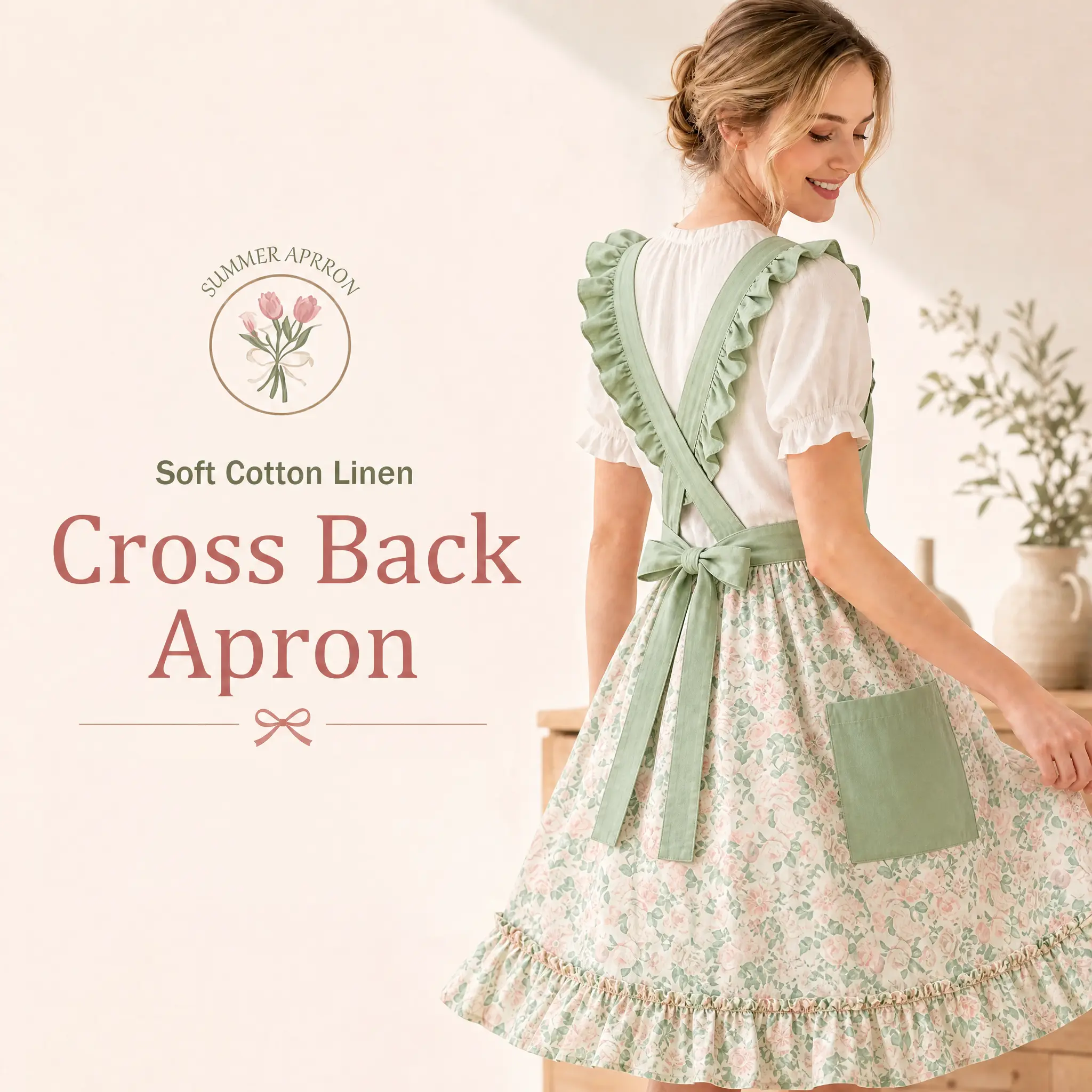 Medium Cotton-Linen Kitchen Apron with Pocket, Breathable Cute Floral Frill Print, Cover for Home Chefs, Farmhouse Baking Gift for Home Supplies Enthusiasts