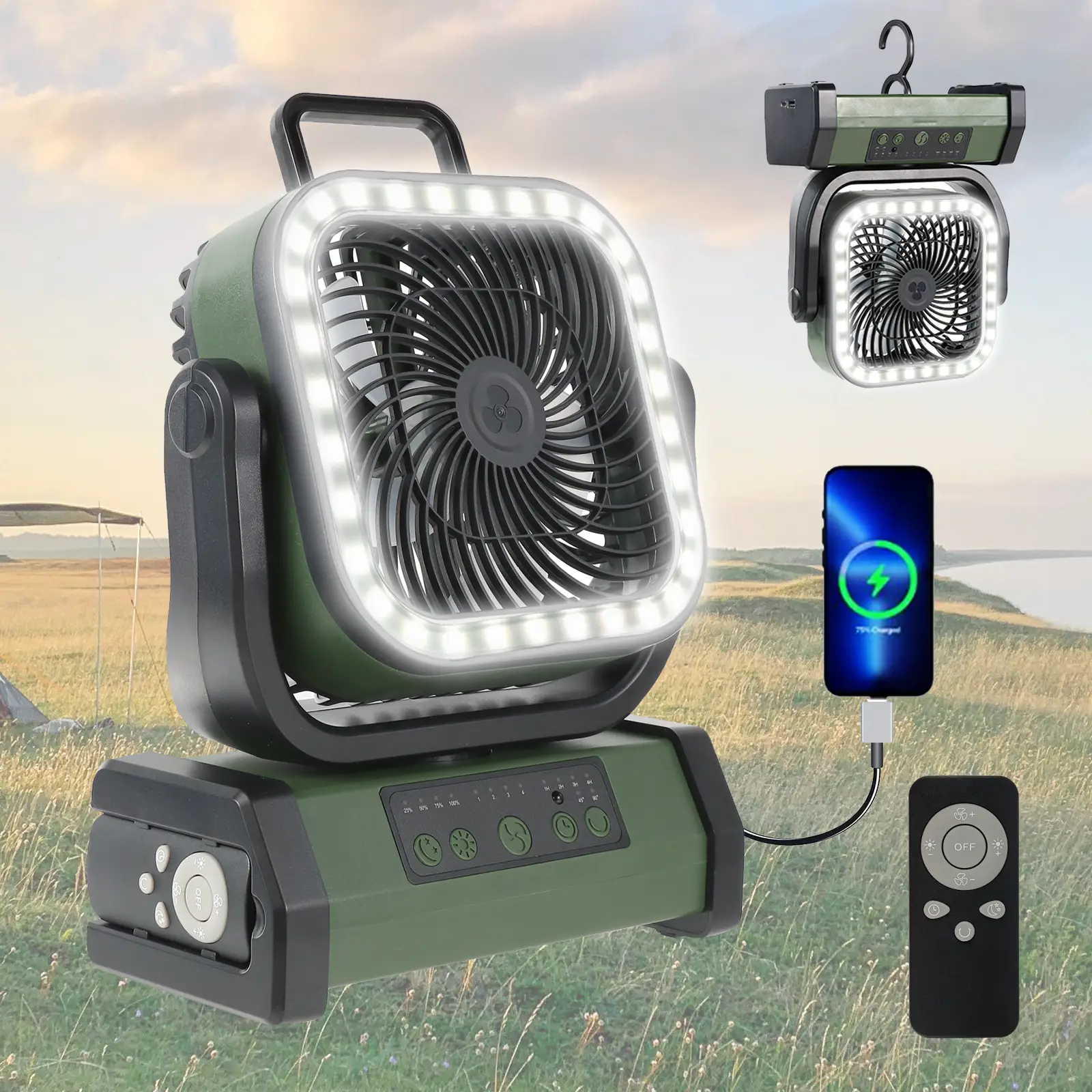 Portable Rechargeable Camping Fan with LED Light for Indoor、Outdoor Usb Green-20000Mah