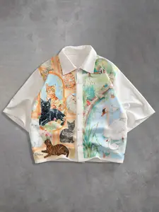 Men's Casual Short Sleeve Button-Down Shirt, Full Body Cat Swan Animal Print Design, Perfect for Daily Wear and Fashion