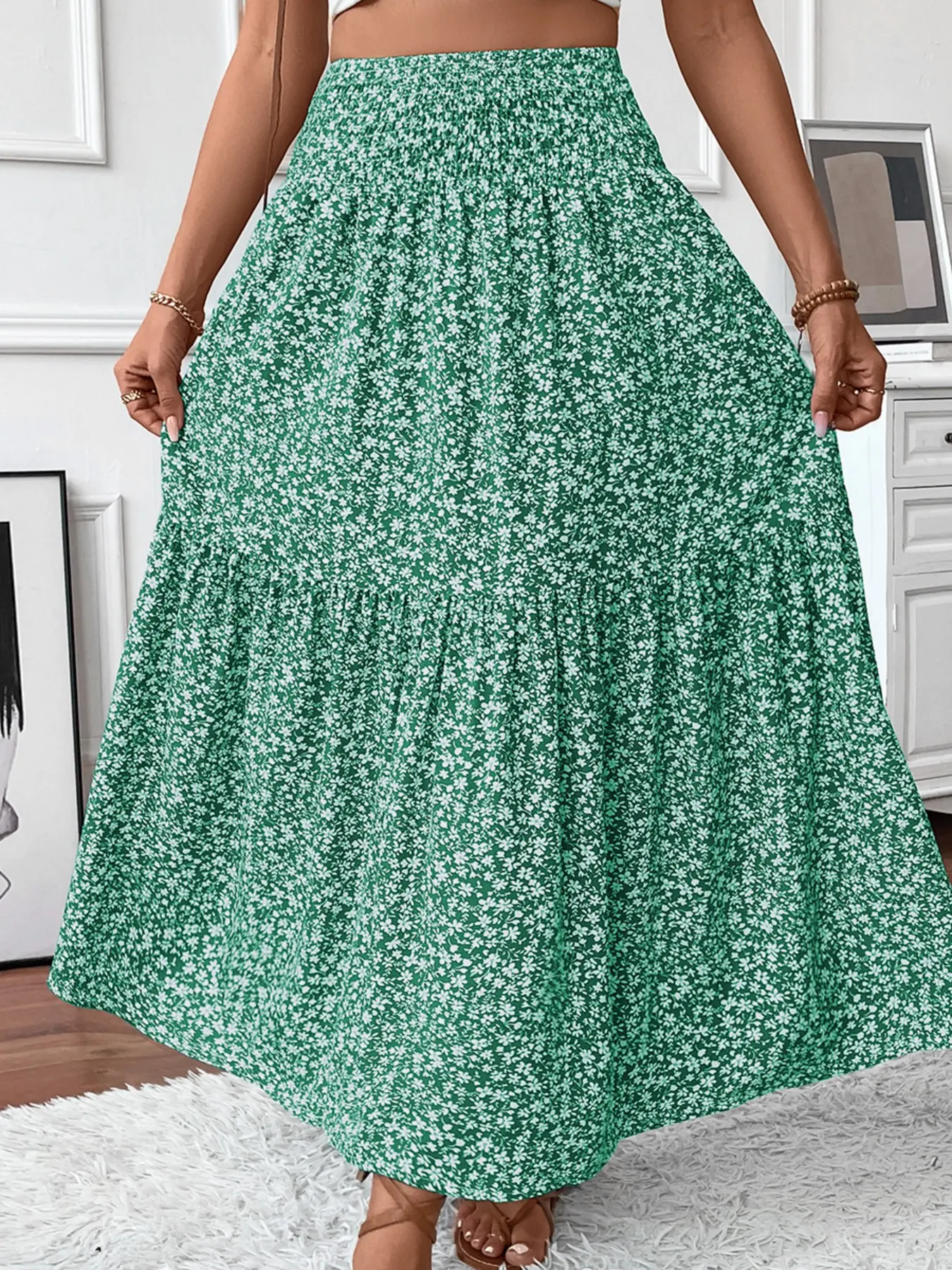 Women's French Ditsy Floral Long Dress, Versatile Elastic Waist Pocket Skirt Hem Ruffled, Summer A-Line Dress, Fashionable, Comfortable and Casual, Maxi, Boho