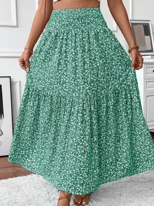 Women's French Ditsy Floral Long Dress, Versatile Elastic Waist Pocket Skirt Hem Ruffle, Summer A-Line Dress, Fashionable and Comfortable