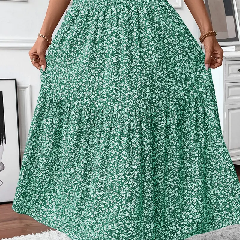 Women's Fashionable French Ditsy Floral Long Maxi Skirt, Versatile Elastic Waist with Pockets and Ruffled Hem, Comfortable and Casual Summer Boho A-Line Skirt, Ruffled Skirts