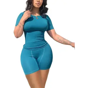 Outdoors & Sports LICOBOD XS-3XL Casual Workout Two Piece Outfits for Women Short Sleeve T-shirt+Elastic High Waist Shorts Sets Streetwear