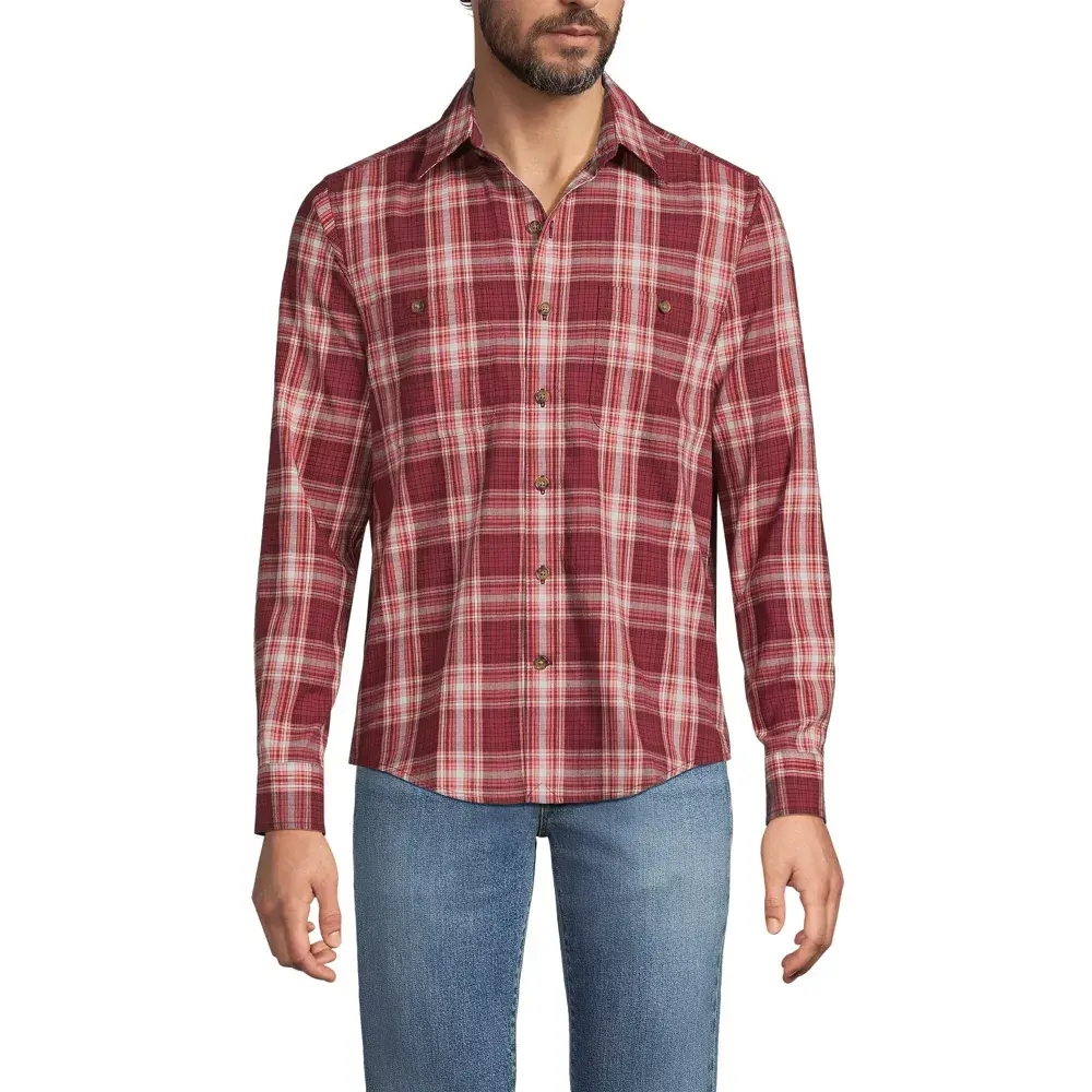 Lands' End Men's Lightweight Coastal Flannel Shirt - X Large - Burgundy Spritz Plaid, Plush, Spandex, Smooth, Alternative, Garment