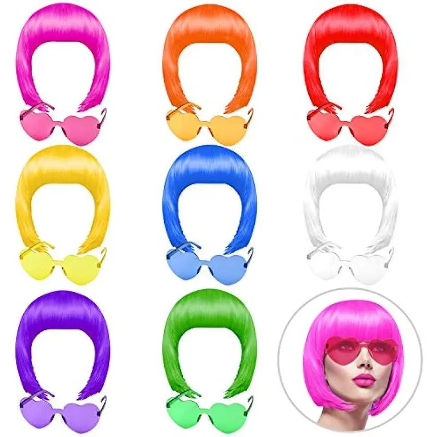 16 Pieces Party Wigs and Sunglass Set, Neon Short Bob Wig Sunglass Pack Costume Colorful Cosplay Wig Daily Party Hairpieces for Bachelorette Neon Party Favors, Halloween and Decorations