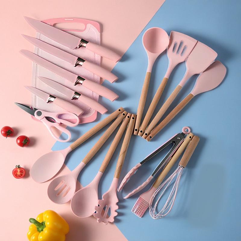 Love atFirst Find19-Piece Kitchen Knife Set with Heat-Resistant Silicone Cutlery & Wooden Handles - Includes Chef Knife, Non-Stick Compatible Tools, Easy to Clean - Ideal Gift for Women on New Year, Valentine's Day and More Cookware Kitchenware White Pink