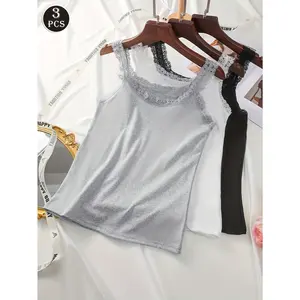 3pcs(black+white+gray) Women's Elegant Lace Trim Camisole Plus Size Tops - Breathable Lace Design Round Neck Tank Tops, Soft Stretchy Fabric, No Padding, Lace Tank Top