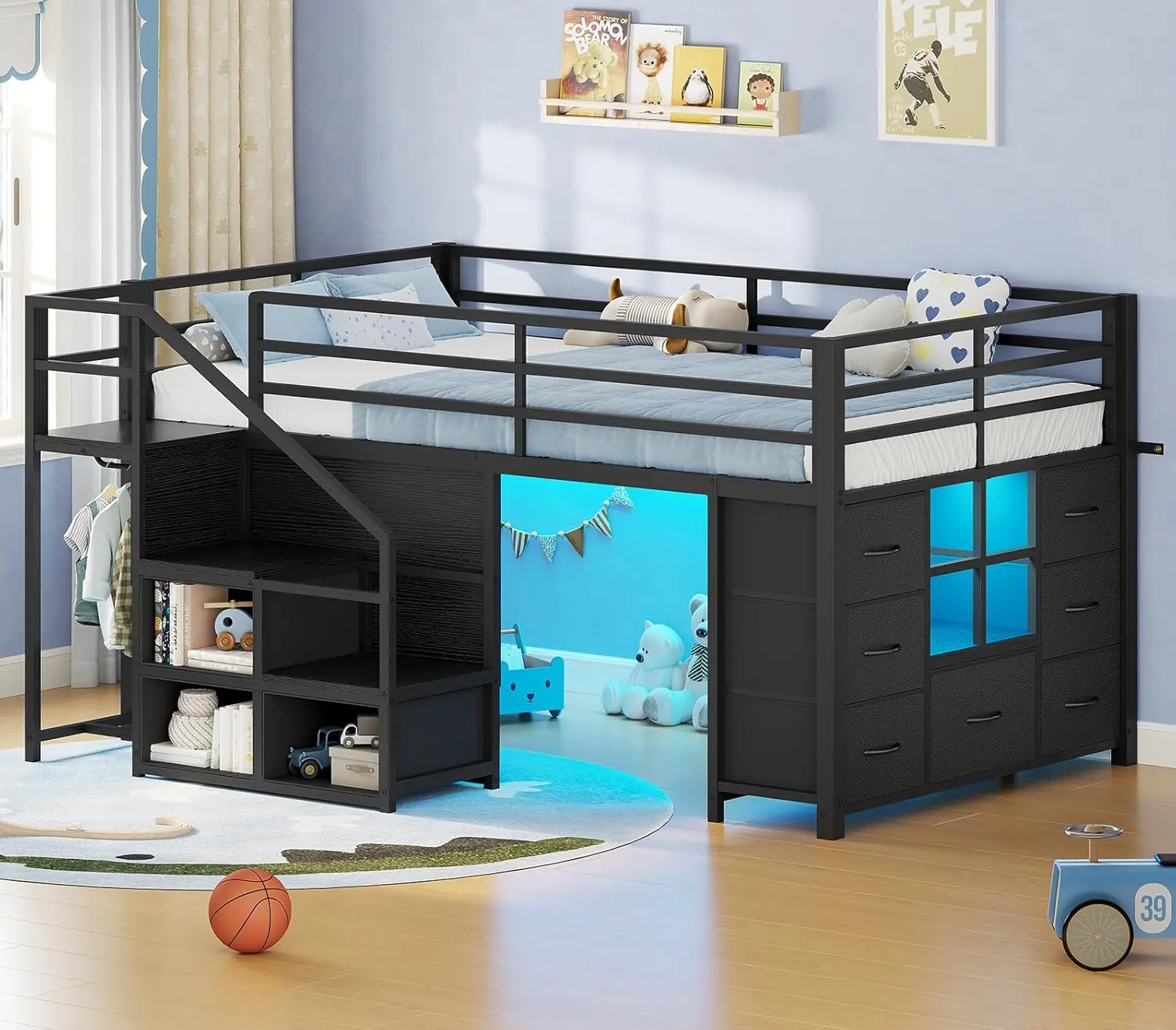 [SummerSale] Sikaic Twin Size Low Loft Bed with Stairs, Loft Bed with 7 Storage Drawers and LED Lights, 3 Open Cubbies & Clothes Rail, Safety Guardrails and Under-Bed Play Area Home Furniture,Dorm Essentials