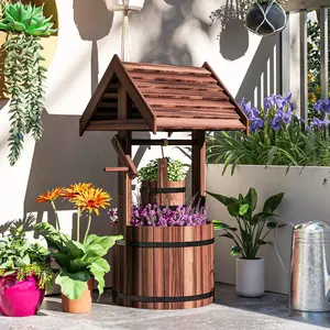 Wooden Wishing Well for Outside with Hanging Bucket 11.8 gal Planter & 1.3 gal Bucket Carbonized Solid Fir Wood Garden Decor 20"L x 19.3"W x 39.4"H