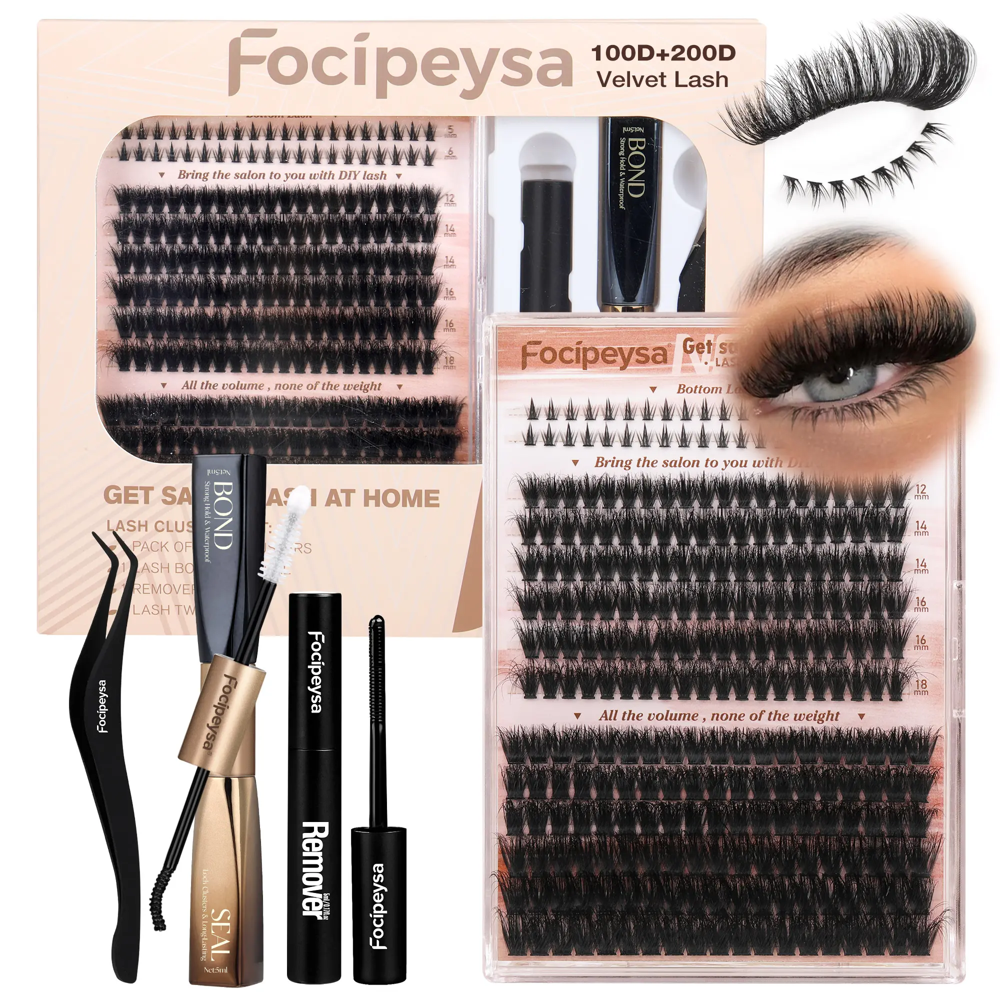 Focipeysa Velvet Synthetic Fiber Plastic Eyelash Clusters - 100D+200D with Bottom Lashes, 12-18mm D-Curl, Waterproof Ultra-Dense Long-Lasting, Professional Salon Look for DIY Home Application, Fluffy Lash Cluster Volume Eye Look