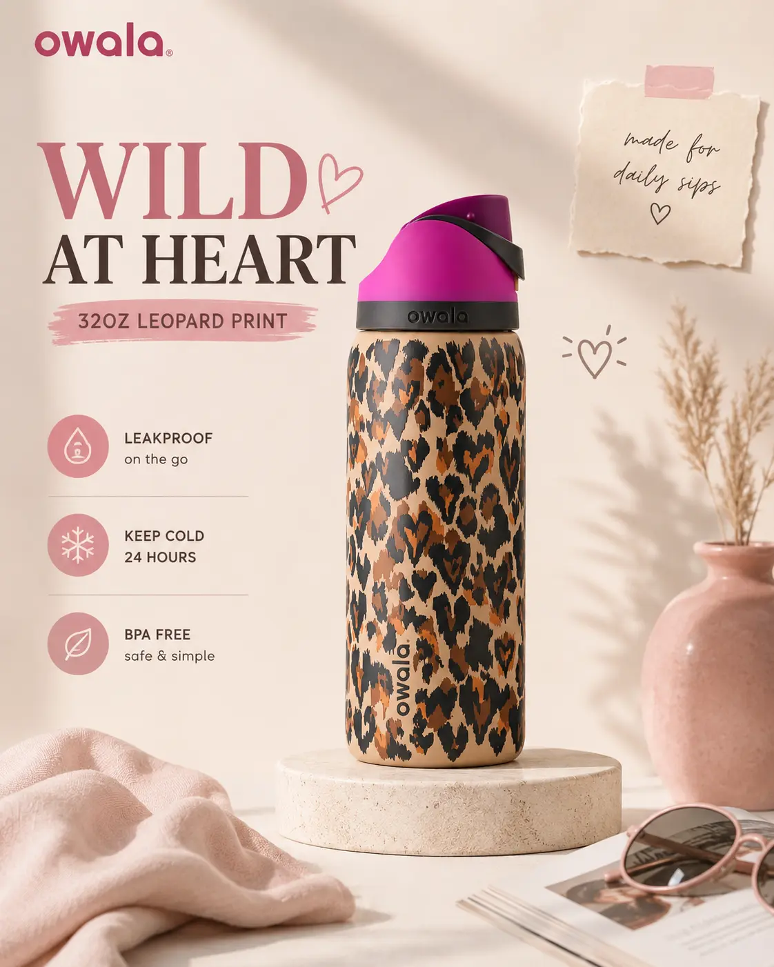 Owala Wild At Heart 32oz FreeSip Water Bottle – Leopard Print Insulated Stainless Steel Bottle with Straw