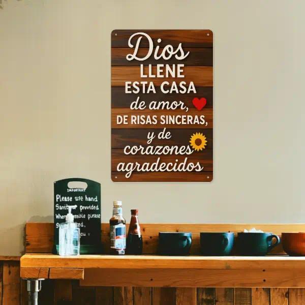 8x12in Traditional Spanish Religious Metal Tin Sign - Dios Llene Esta Casa Rusted Edge Farmhouse Decorative Wall Plaque, Christian Indoor Kitchen Home Accessory, Housewarming Faith Gift for Spanish-Speaking Families